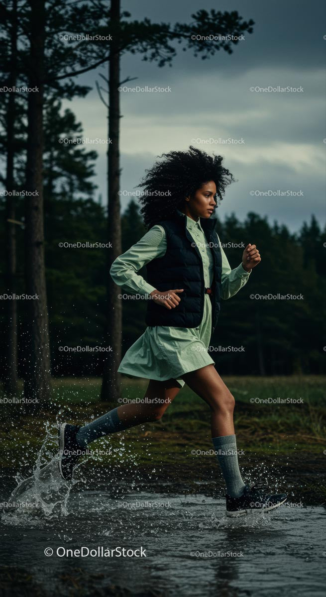Energetic Woman Running Through Forest Trail