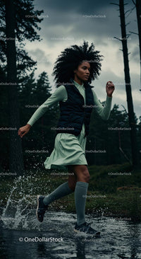 Woman Running Through Forest Trail in Green Dress