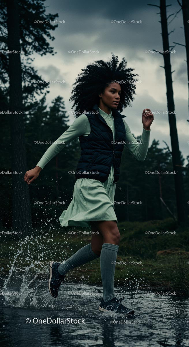 Woman Running Through Forest Trail in Green Dress