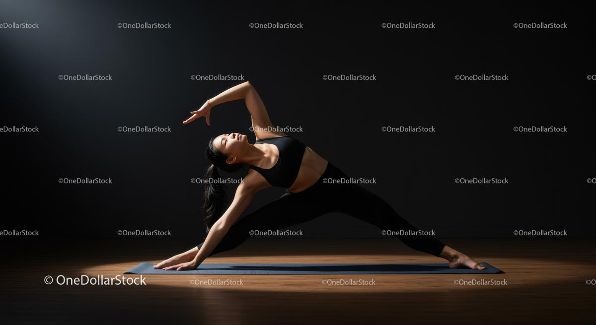 Woman Practicing Yoga with Graceful Pose in Dimly Lit Studio