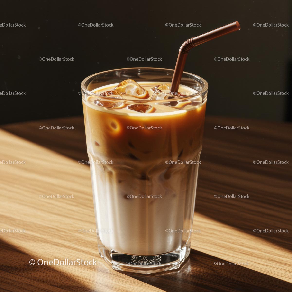 Refreshing Iced Latte with Straw on Wooden Table