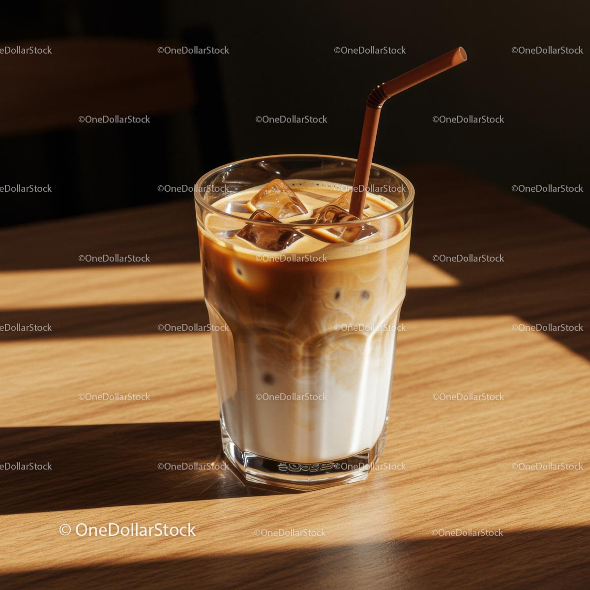 Refreshing Iced Coffee with Milk on Wooden Table