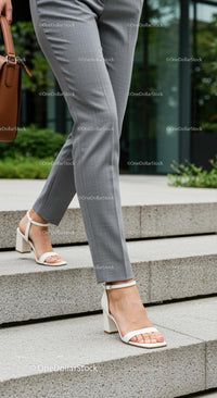 Businesswoman in Grey Trousers and White Sandals Ascending Stairs
