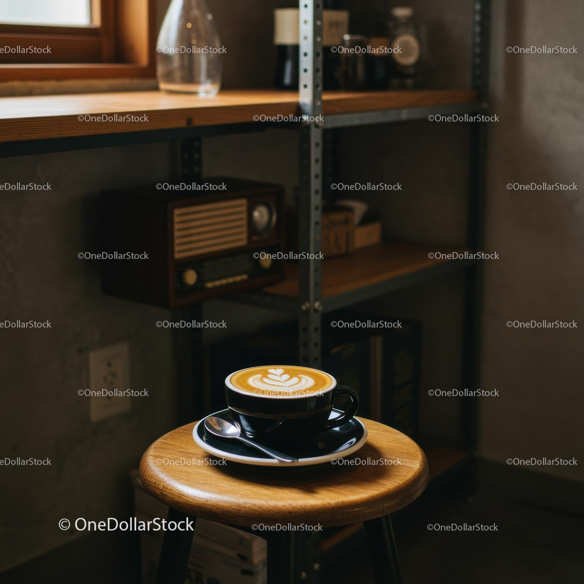 Latte Art on Black Cup in Cozy Vintage Café