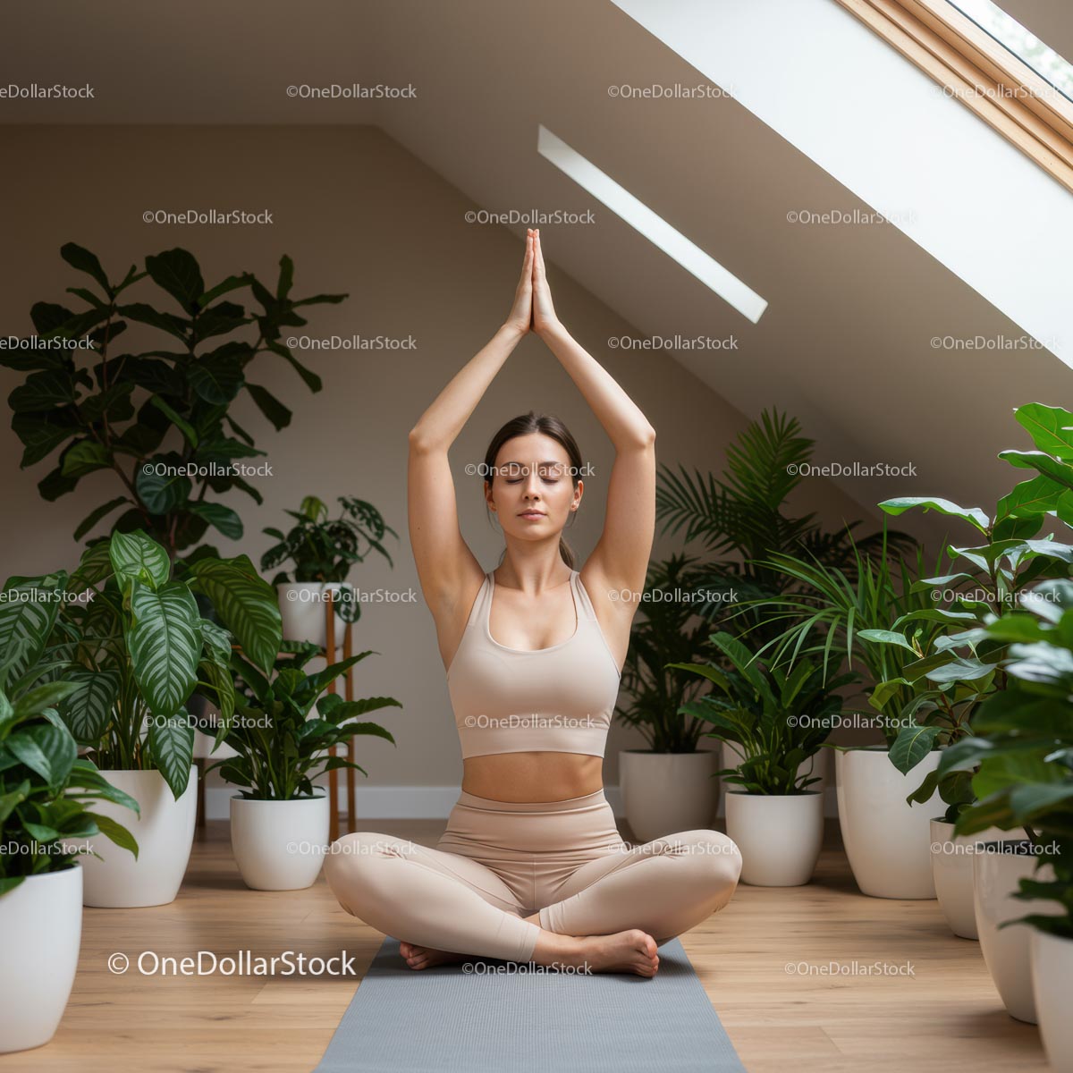Woman Meditating Among Lush Indoor Plants in Bright Room