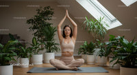 Woman Meditating Amidst Lush Green Indoor Plants