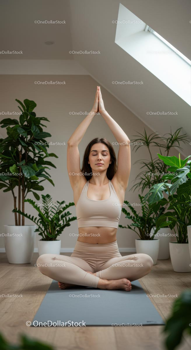Woman Practicing Yoga Amidst Indoor Greenery