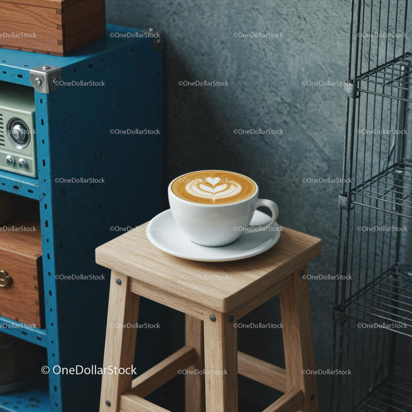 Latte Art on Wooden Stool in Cozy Cafe Setting
