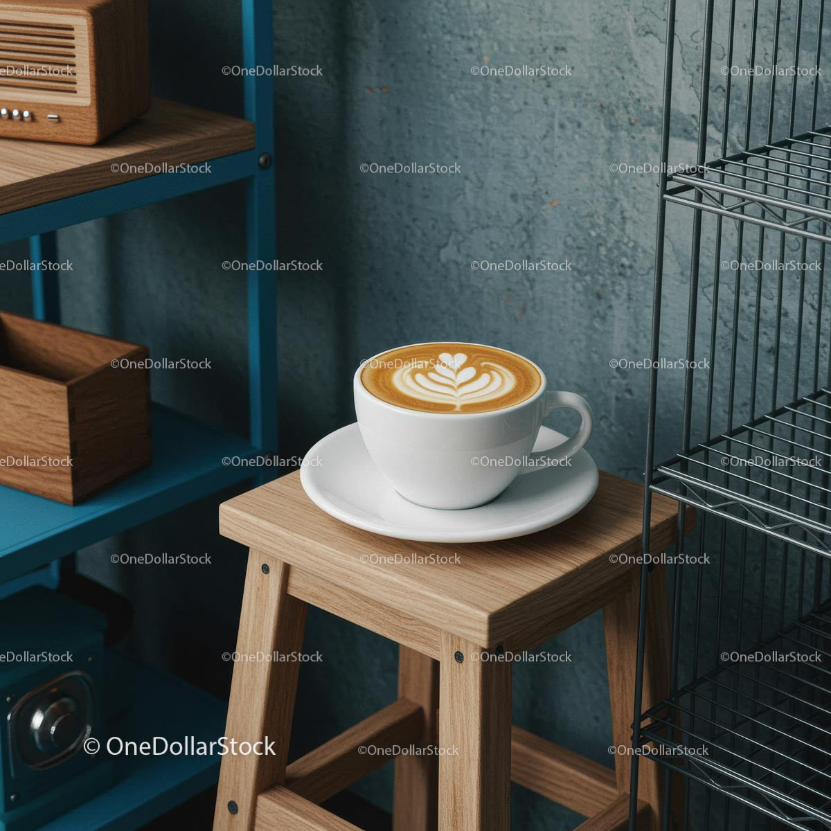 Cup of Latte Art on Wooden Stool in Modern Cafe