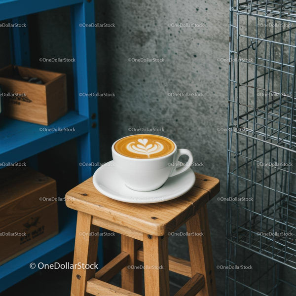 Latte Art Kawa na Drewnianym Stołku w Industrialnym Kąciku Kawiarni