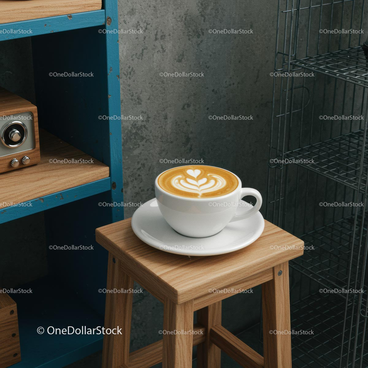 Latte Art Coffee on Wooden Stool in Modern Café