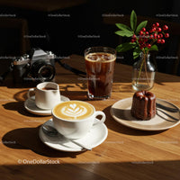 Breakfast Coffee and Pastry with Red Berries on Wooden Table