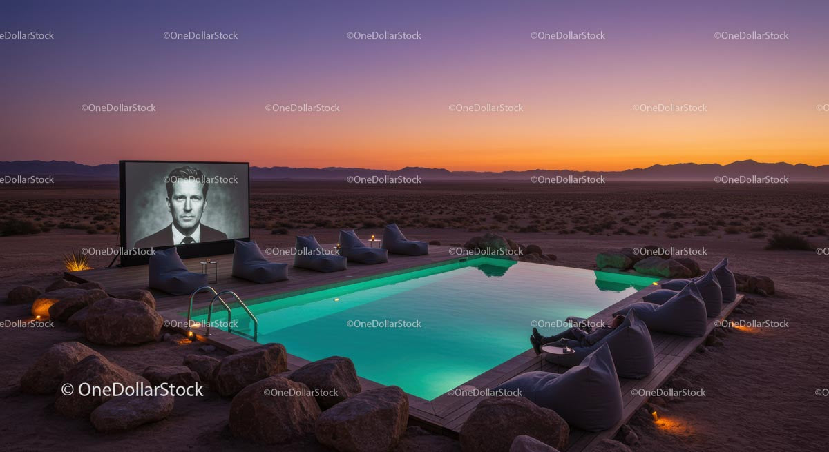 Outdoor Cinema by a Desert Pool at Sunset