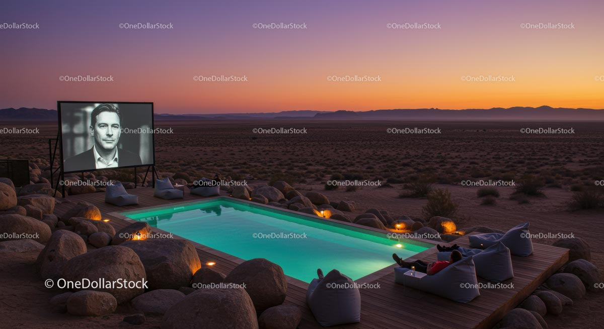 Serene Outdoor Cinema by a Desert Pool at Sunset