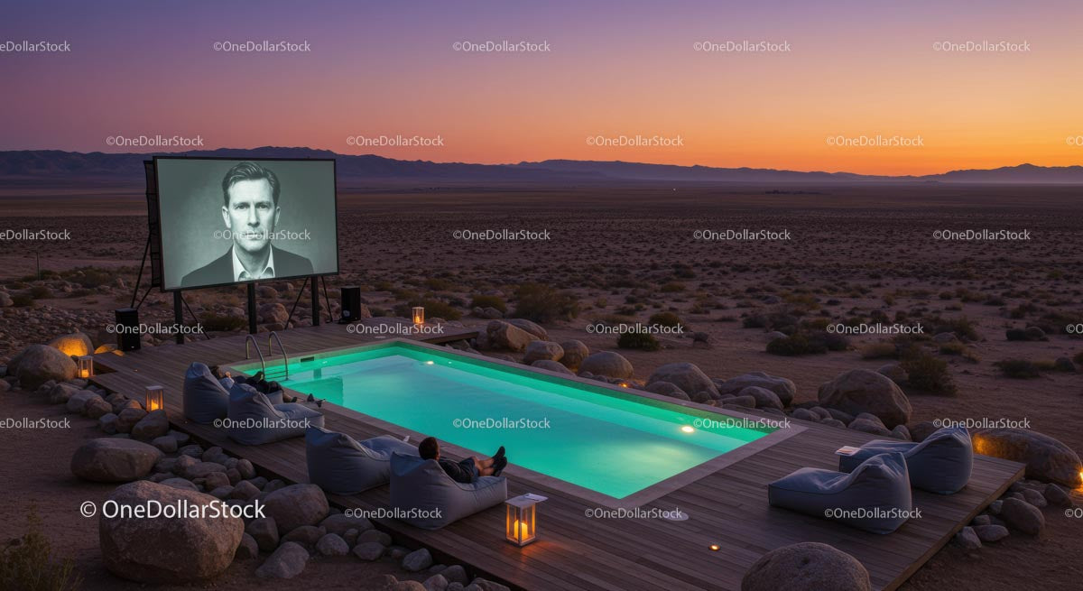 Luksusowe kino plenerowe przy basenie Desert Pool o zachodzie słońca