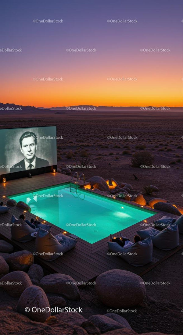 Luxury Outdoor Cinema by a Pool in Desert at Sunset