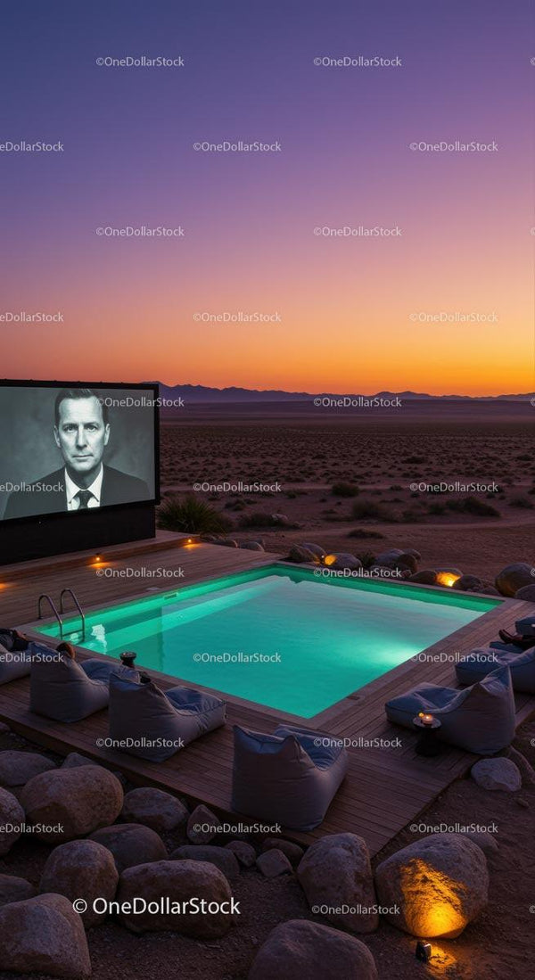 Luxury Outdoor Cinema by Desert Pool at Sunset