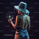 Mysterious Woman in Futuristic Ice Hat Holding Mirror