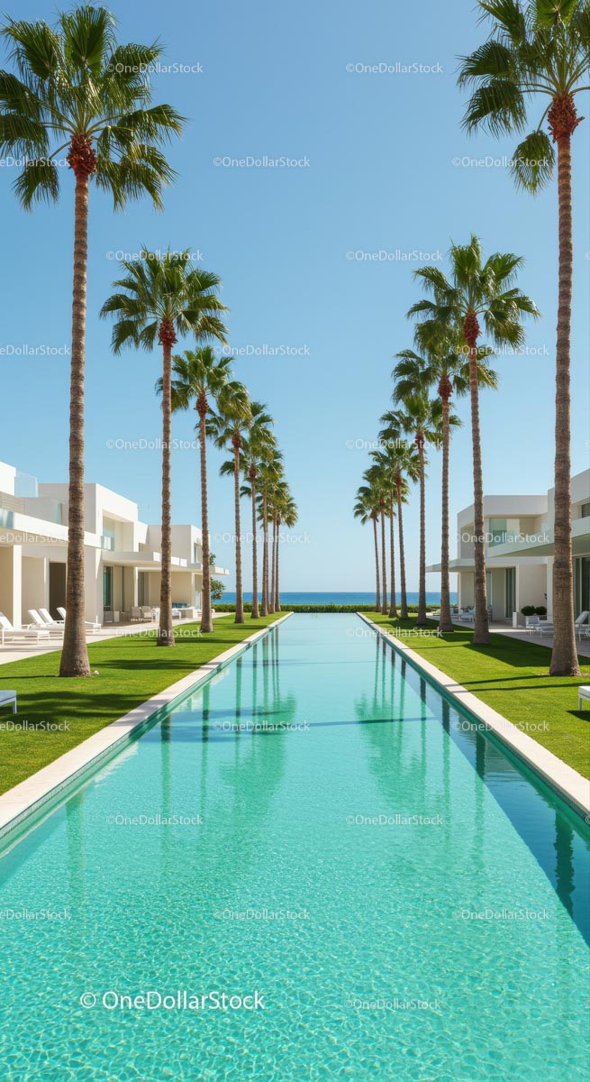Luxury Resort Infinity Pool with Palm Tree Lining