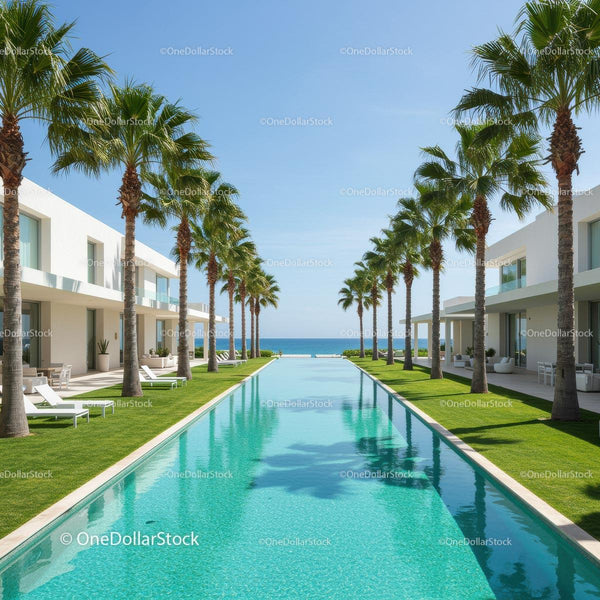 Luxurious Beachfront Resort with Palm-Lined Pool and Ocean View