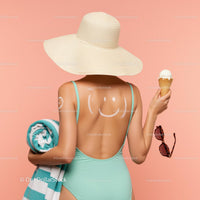 Woman in Teal Swimsuit Enjoying a Summer Day with Ice Cream