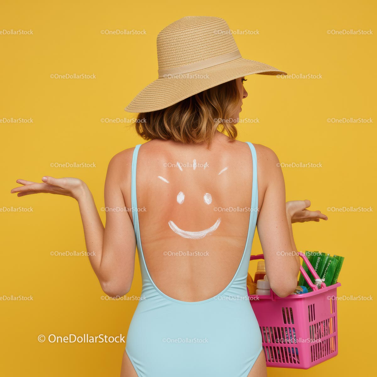 Woman in Swimwear with Sunscreen Smiley on Back