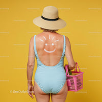 Woman with Sun Smiley in Blue Swimsuit Holding Pink Basket