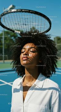 Woman in White on a Tennis Court with Racquet Shadow
