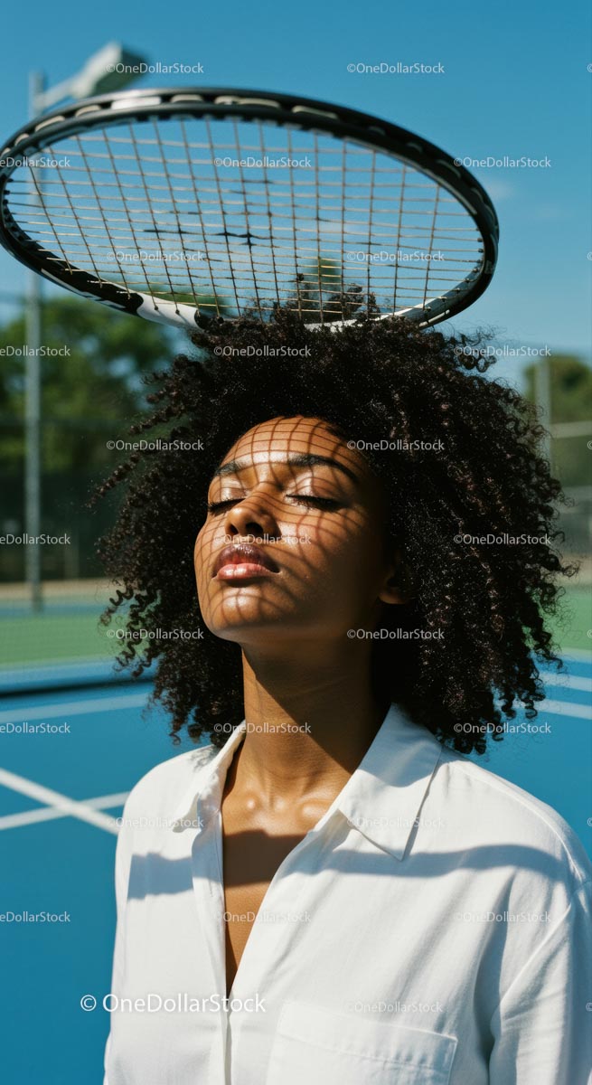 Woman in White on a Tennis Court with Racquet Shadow
