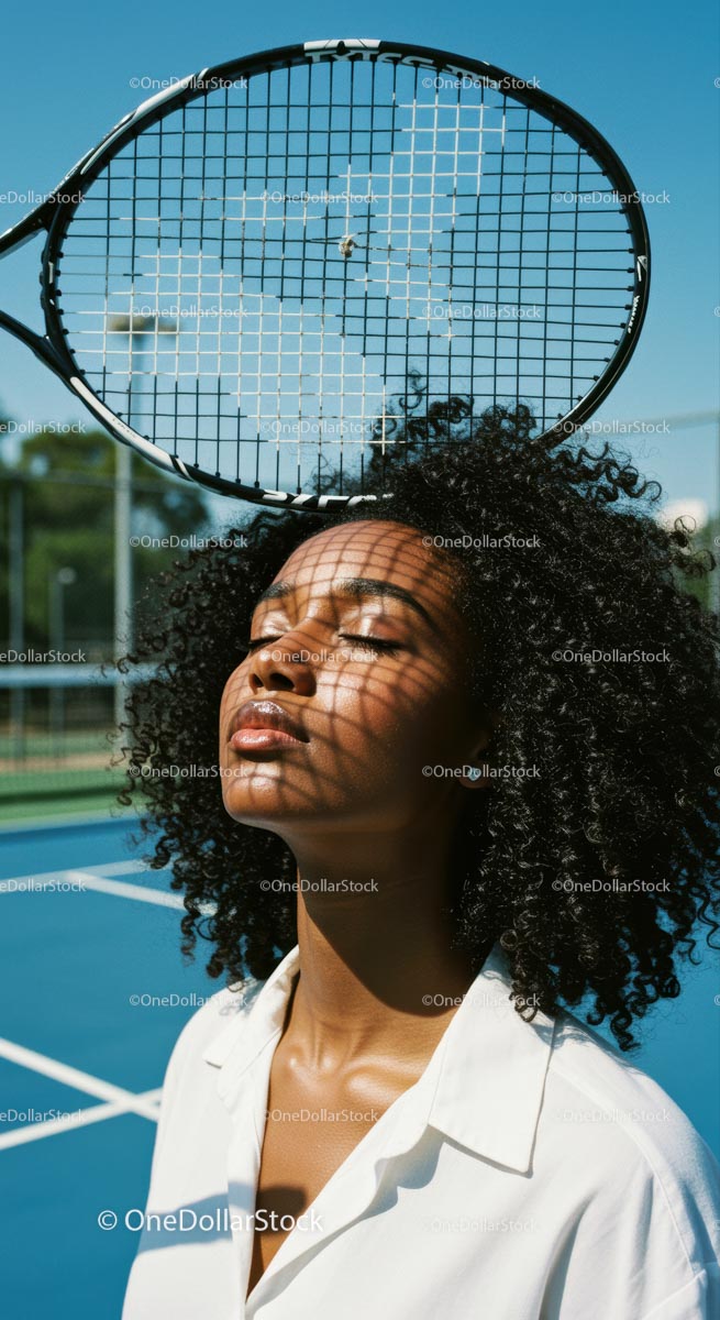 Relaxed Woman with Tennis Racquet on Sunny Court
