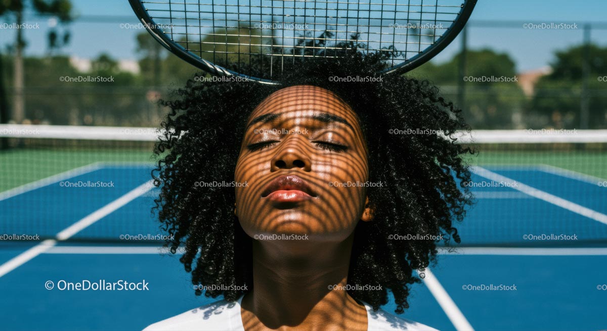 Relaxed Woman on Tennis Court with Racket Shadow Play