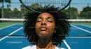 Relaxed Woman on Tennis Court with Racket Shadow Play
