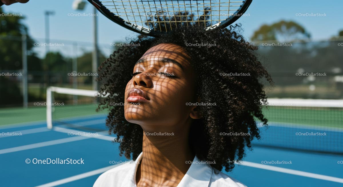 Serene Woman with Tennis Racket Shadow on Tennis Court