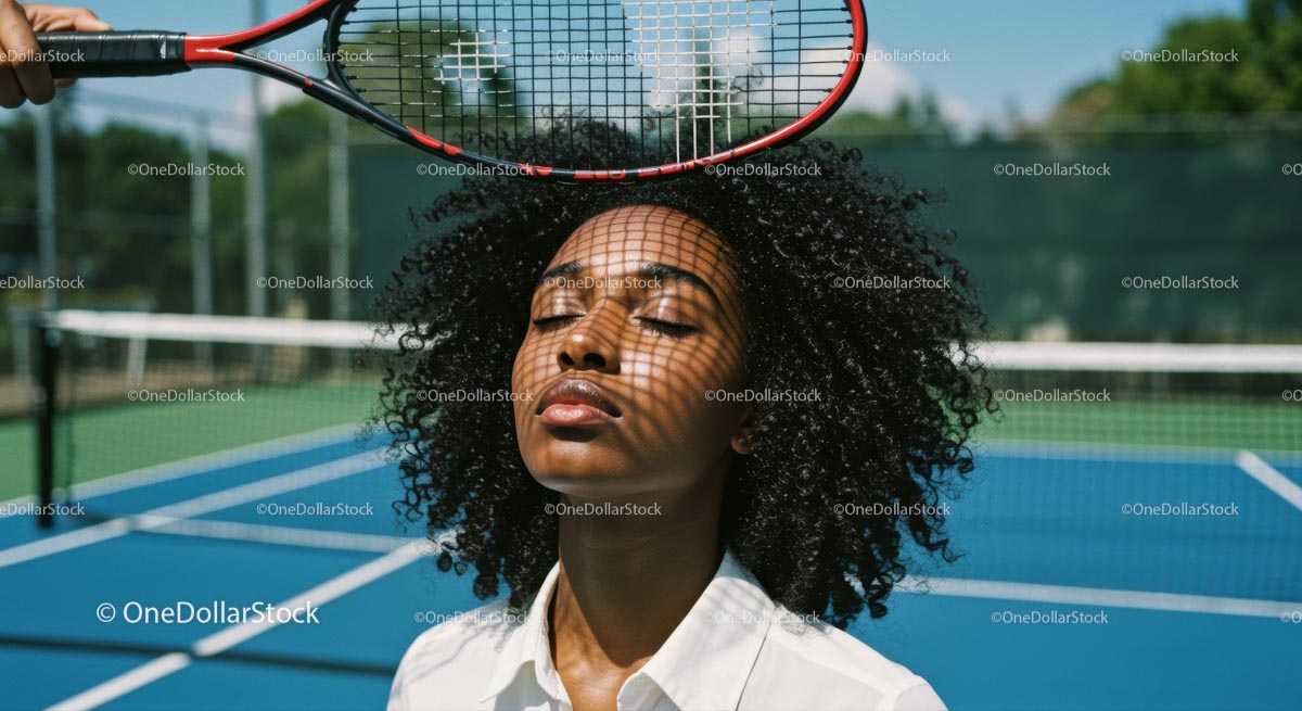 Woman Relaxing on a Tennis Court with Racquet Shadow