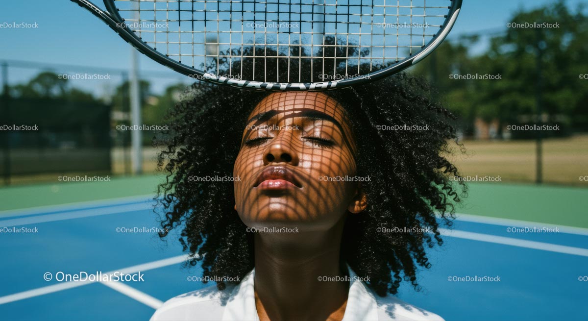 Relaxed Woman on Tennis Court with Racket Shadow Play