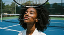 Relaxed Woman on Tennis Court with Racket Shadow Play