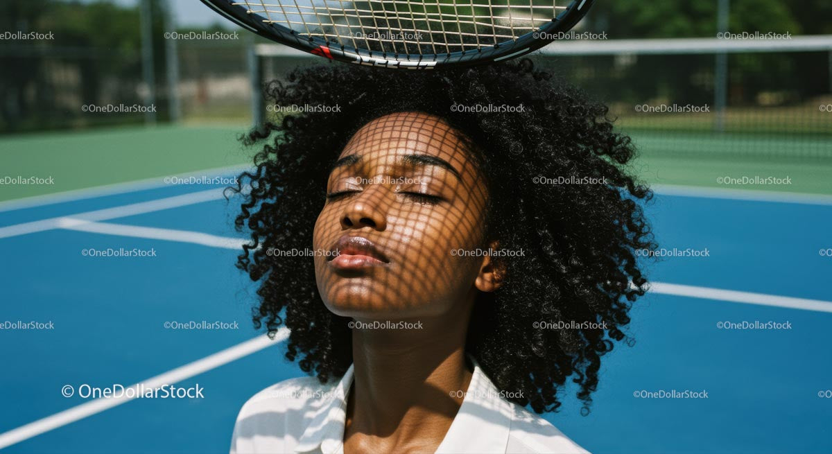 Relaxed Woman on Tennis Court with Racket Shadow Play