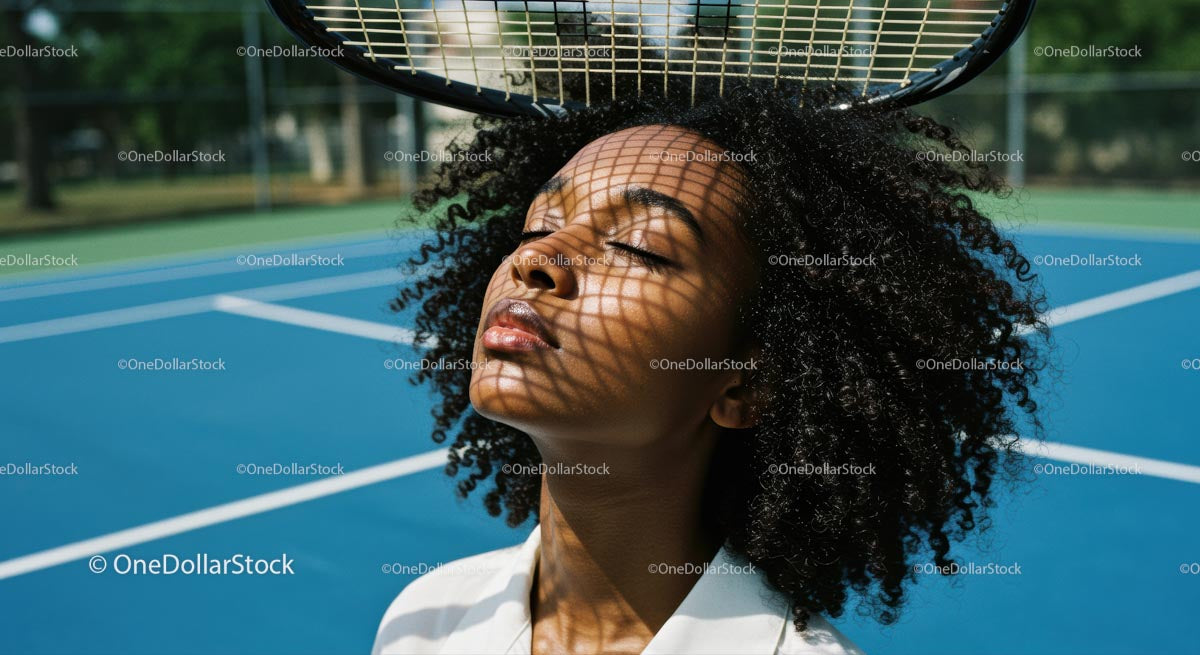 Serene Woman with Tennis Racket in Sunlight on Court