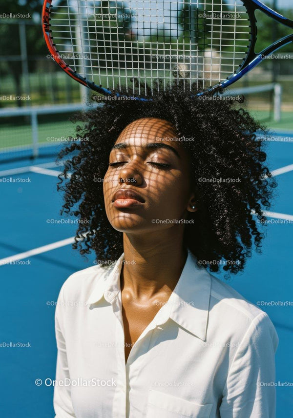 Afro Woman Relaxing on Tennis Court in Summer Sunlight