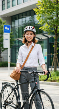 Smiling Woman Commuting on Bicycle in Urban Setting