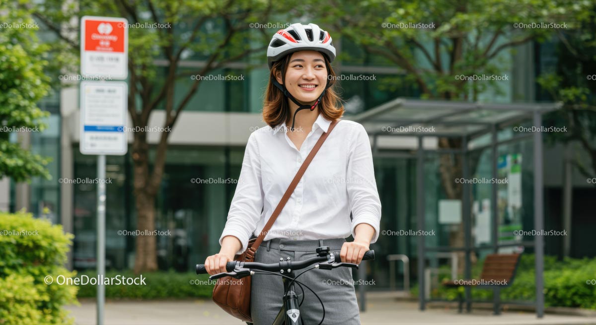Smiling Woman Riding Bicycle in Urban Park
