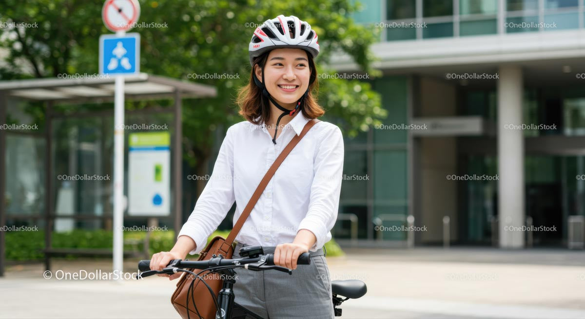 Smiling Woman Cycling in Urban Cityscape