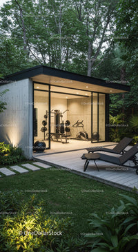 Modern Home Gym Surrounded by Lush Greenery