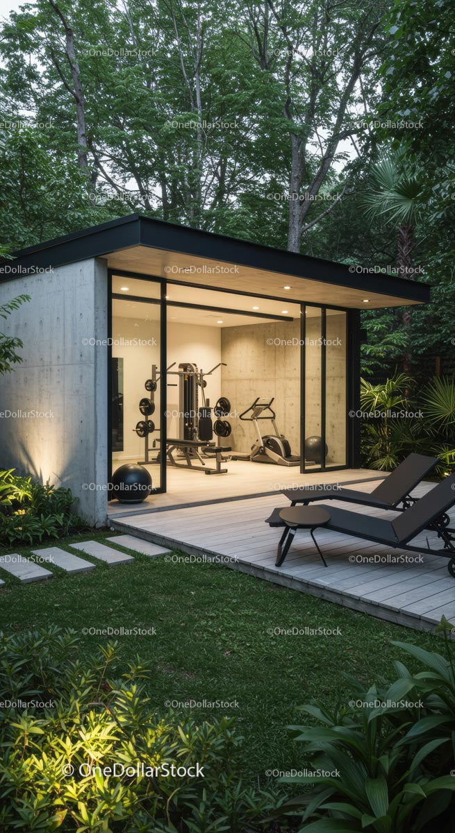 Modern Home Gym Surrounded by Lush Greenery