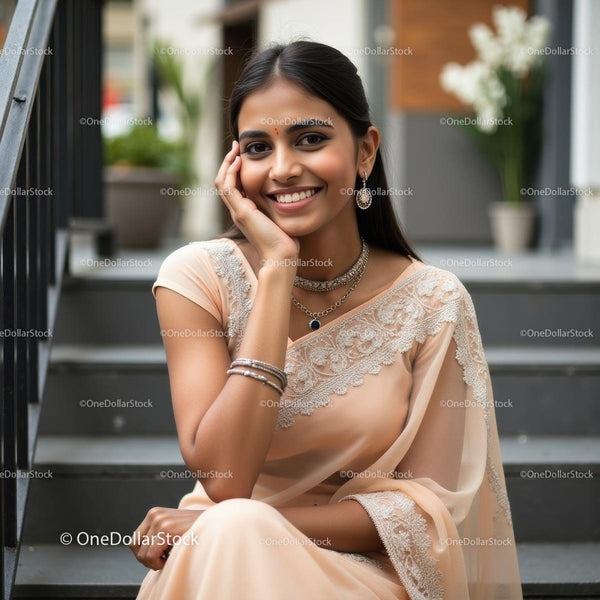 Uśmiechnięta kobieta w eleganckim beżowym saree z biżuterią