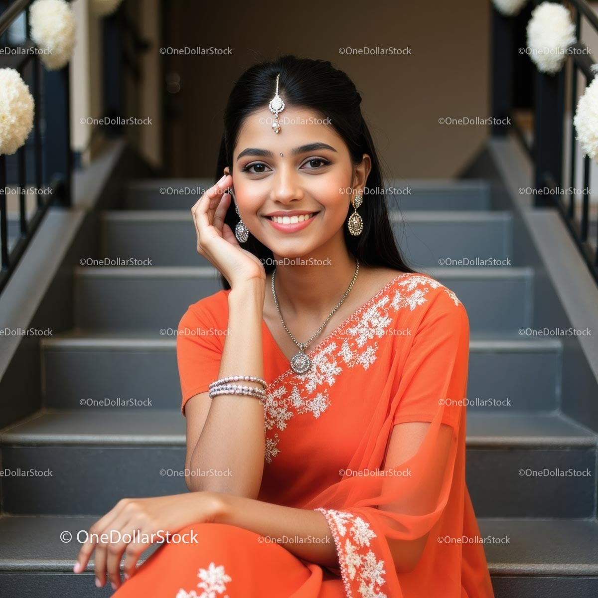 Smiling Woman in Elegant Orange Sari with Jewelry