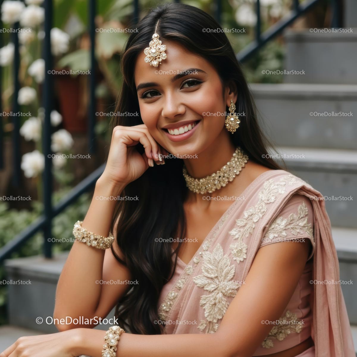 Smiling Woman in Traditional Attire with Elegant Jewelry