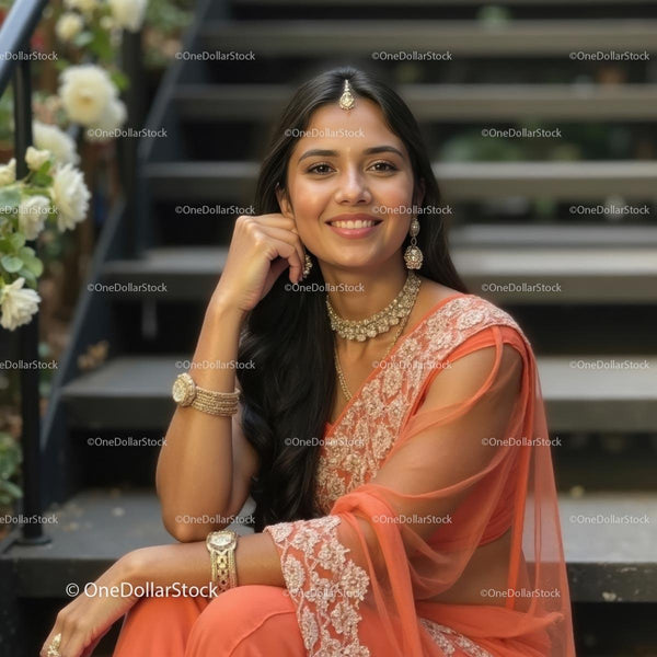 Smiling Woman in Traditional Indian Saree with Jewelry