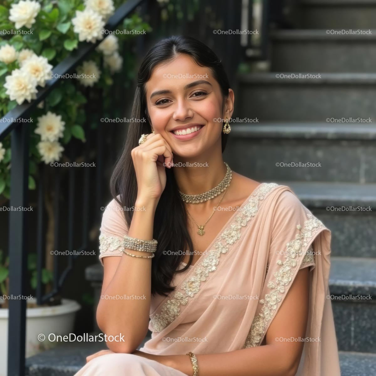 Smiling Woman in Elegant Saree with Floral Background