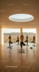 Group Yoga Session in Desert Landscape at Sunset